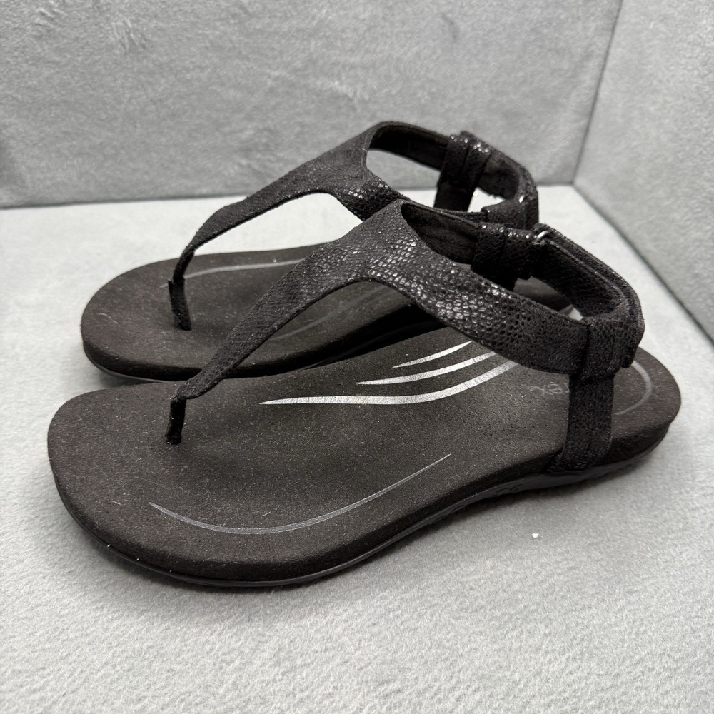 Aetrex Women's 9.5 Black Shimmer T-Strap Comfort Sandals Hook Loop EU 40